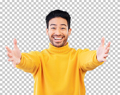 Buy stock photo Portrait, welcome and man with arms outstretched and smile in studio on a transparent png background for a hug. Face, trust and hello with a happy young person reaching indoor to offer a greeting