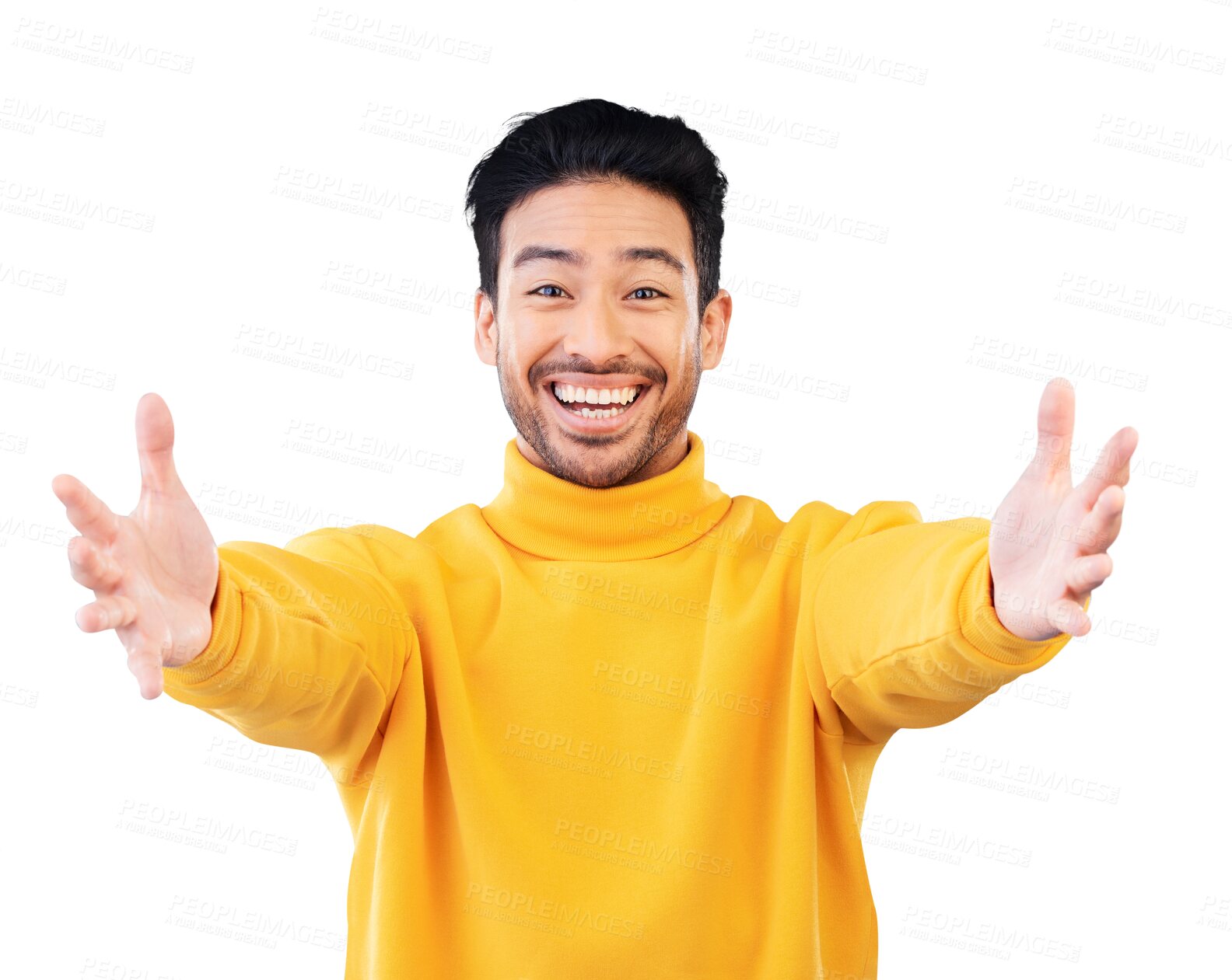 Buy stock photo Portrait, welcome and man with arms outstretched and smile in studio on a transparent png background for a hug. Face, trust and hello with a happy young person reaching indoor to offer a greeting