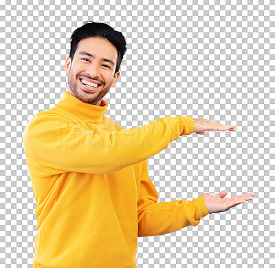 Buy stock photo Isolated man, open hands and presentation with smile, portrait or excited by transparent png background. Asian agent, sign and promotion for product, sales and show for deal, marketing or advertising