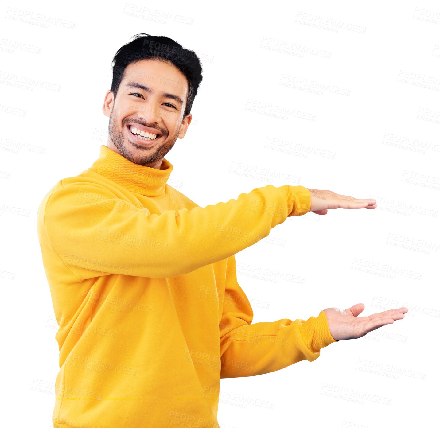 Buy stock photo Isolated man, open hands and presentation with smile, portrait or excited by transparent png background. Asian agent, sign and promotion for product, sales and show for deal, marketing or advertising