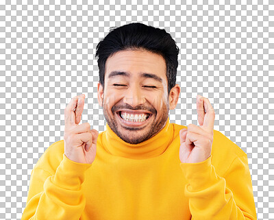 Buy stock photo Prayer, luck and fingers crossed with a man isolated on a transparent background for a dream or wish. Emoji, smile and opportunity with a asian person on PNG to hope for a spiritual miracle of faith