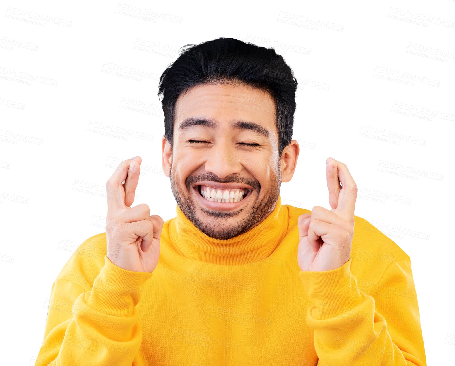 Buy stock photo Prayer, luck and fingers crossed with a man isolated on a transparent background for a dream or wish. Emoji, smile and opportunity with a asian person on PNG to hope for a spiritual miracle of faith