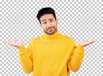 Buy stock photo Confused, decision and portrait of Asian man with hands for option, choice and solution with shrug. Doubt, thinking and person on isolated, png and transparent background with question and unsure