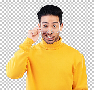 Buy stock photo Man, portrait and glasses with funny face, smirk and isolated transparent png background and vision or comedy. Nerd, humour and silly geek or asian person in frame lenses with goofy hand gesture