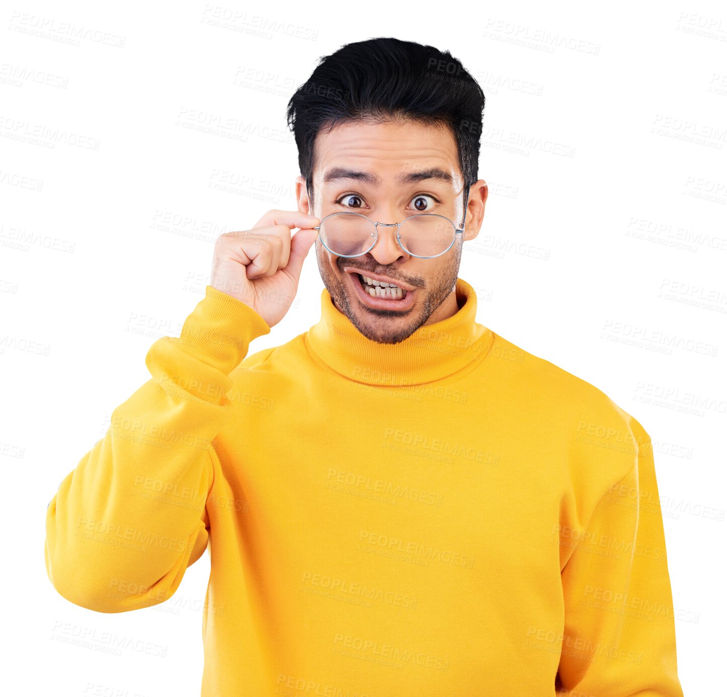 Buy stock photo Man, portrait and glasses with funny face, smirk and isolated transparent png background and vision or comedy. Nerd, humour and silly geek or asian person in frame lenses with goofy hand gesture