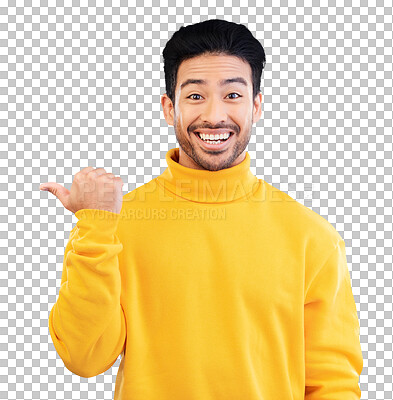 Buy stock photo Pointing, smile and portrait of young man by mockup space for marketing, promotion or advertising. Happy, excited and Indian model with show finger gesture isolated by transparent png background.