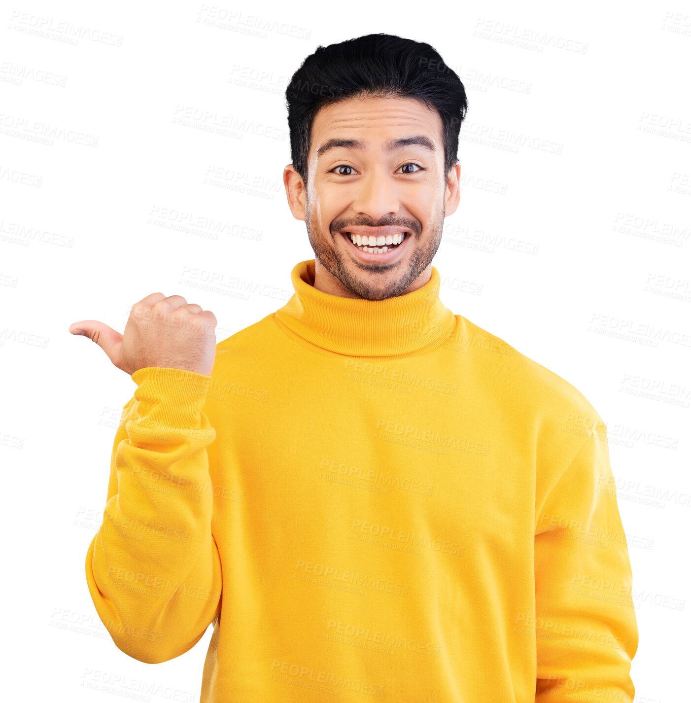 Buy stock photo Pointing, smile and portrait of young man by mockup space for marketing, promotion or advertising. Happy, excited and Indian model with show finger gesture isolated by transparent png background.