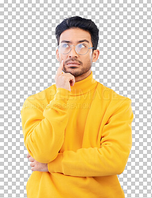 Buy stock photo Thinking, serious and man with confused question, doubt or decision isolated, transparent or png background. Asian person, glasses and remember or unsure about memory, ideas or problem solving