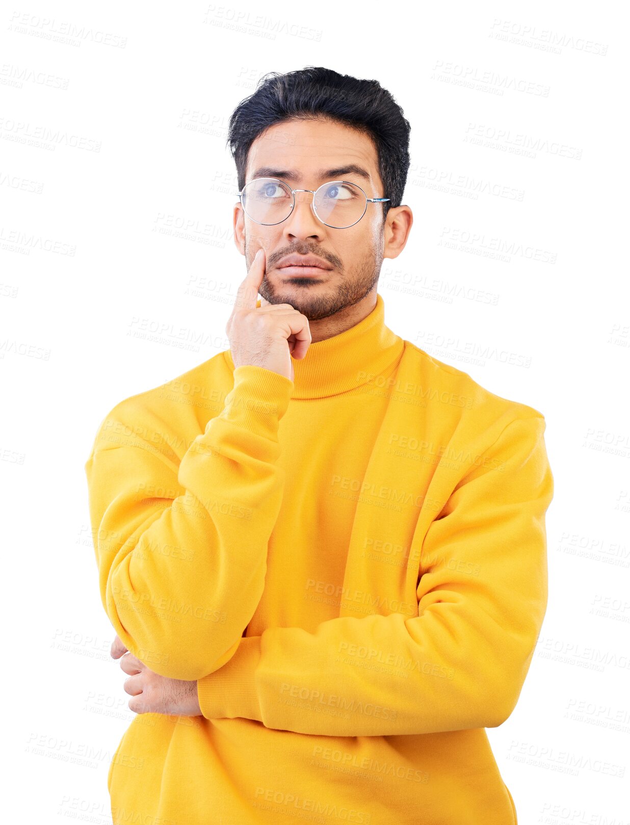 Buy stock photo Thinking, serious and man with confused question, doubt or decision isolated, transparent or png background. Asian person, glasses and remember or unsure about memory, ideas or problem solving