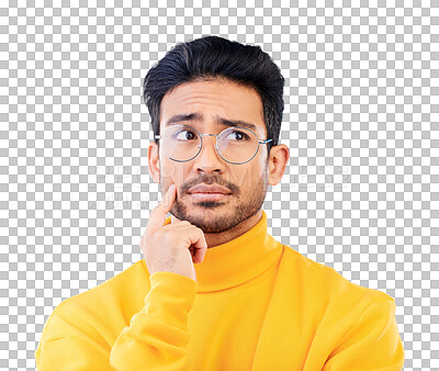 Buy stock photo Thinking, why and man confused with a question, faq or decision for problem solving on isolated, transparent or png background. Person, remember and unsure about memory, ideas or solution to mistake