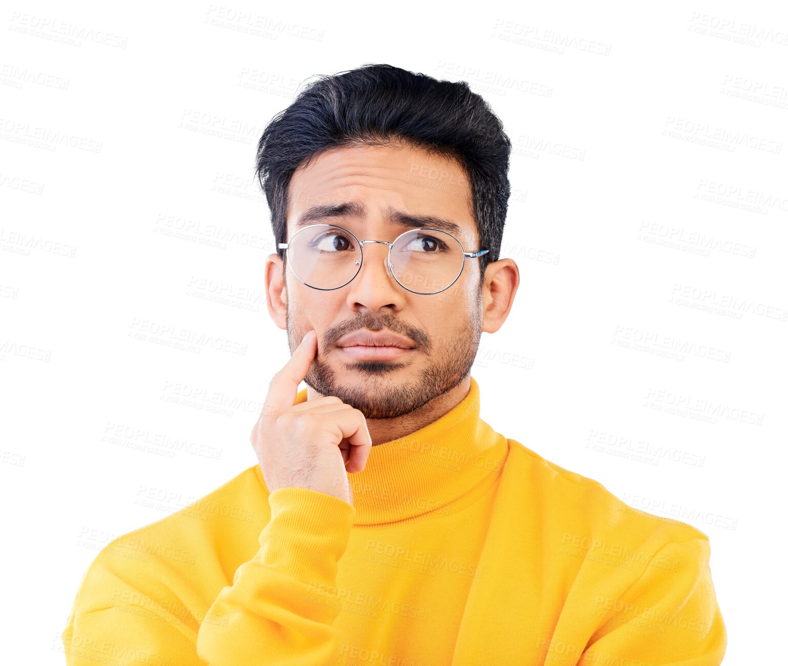 Buy stock photo Thinking, why and man confused with a question, faq or decision for problem solving on isolated, transparent or png background. Person, remember and unsure about memory, ideas or solution to mistake
