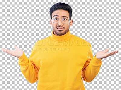 Buy stock photo Man, portrait and confused or shrug, hands and question with doubt and face for decision. Young asian model, thinking and why for choice, asking and clueless isolated on transparent png background