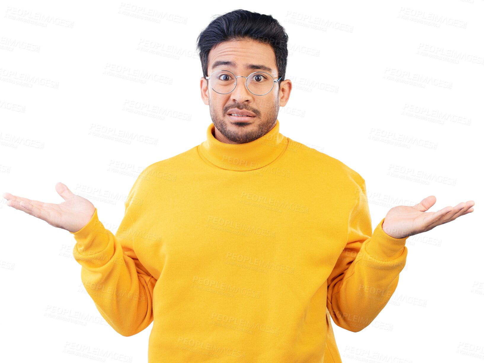 Buy stock photo Man, portrait and confused or shrug, hands and question with doubt and face for decision. Young asian model, thinking and why for choice, asking and clueless isolated on transparent png background