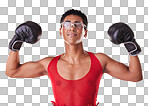 Portrait, boxing and strong gay man with motivation isolated on a red background in a studio. Fight, fitness and lgbt person showing muscle from self defense exercise, training and challenge