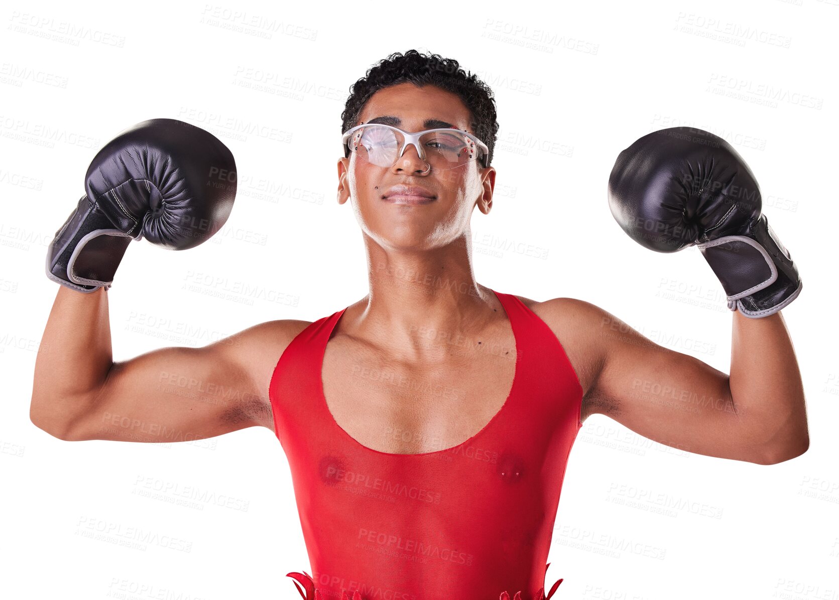 Buy stock photo Fashion, boxing and transgender person with boxer gloves isolated on a transparent background for strong biceps. Exercise, sports and an lgbt athlete on PNG for health, wellness and training or fight