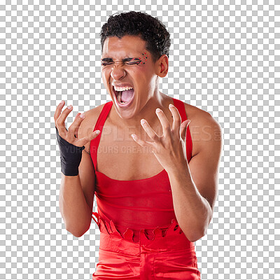 Buy stock photo Frustrated, gay and man in angry, scream and distress for mental health, anxiety or pain. Queer, male model and crazy isolated on a transparent png background with hands up for help or support