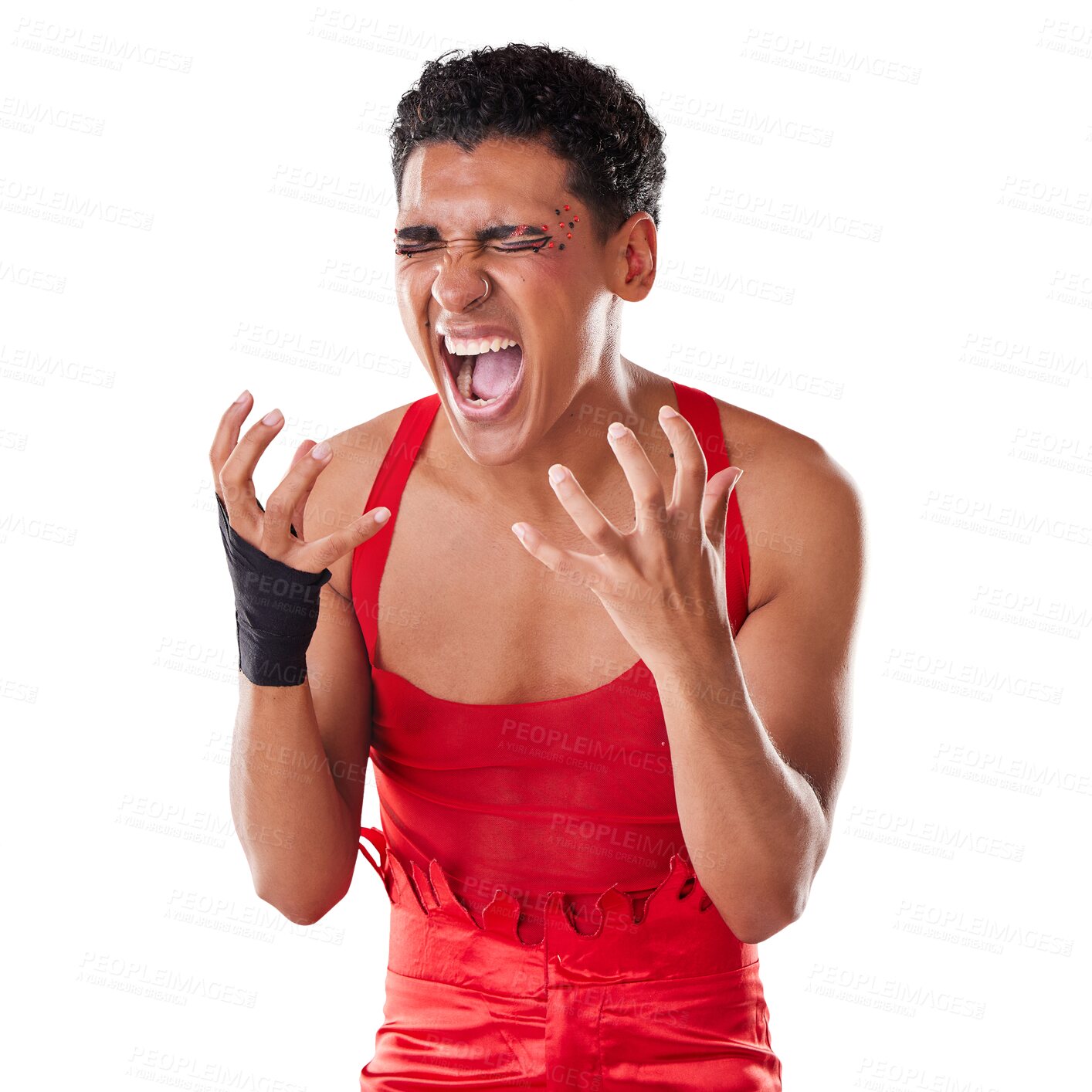 Buy stock photo Frustrated, gay and man in angry, scream and distress for mental health, anxiety or pain. Queer, male model and crazy isolated on a transparent png background with hands up for help or support
