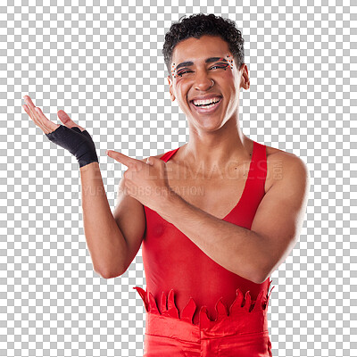 Hands, mockup and portrait of gen z man pointing in studio for makeup, fashion and punk aesthetic on red background. Hand, gesture and product placement with face of mexican male advertising space
