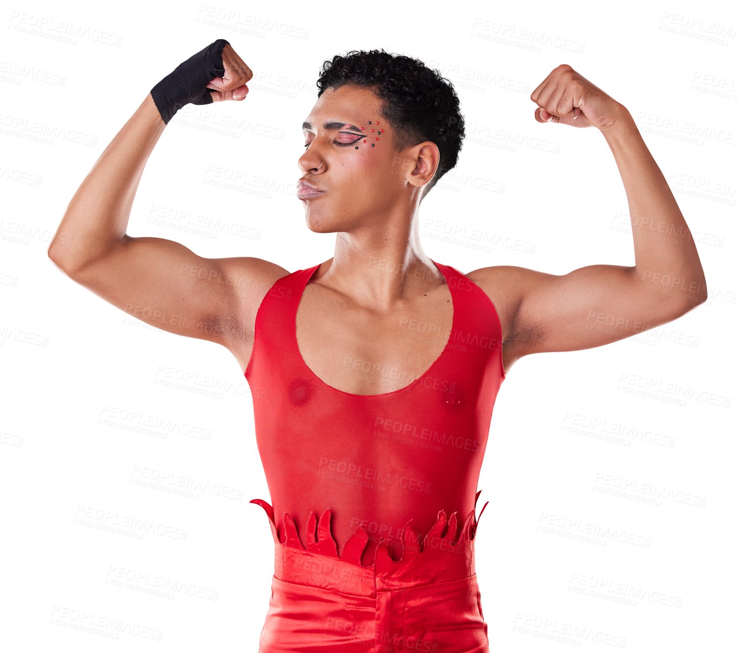 Buy stock photo Gay, power and man with strong arms for boxing on isolated, transparent or png background with muscles or flexing. Strength, training and lgbt person show fashion for wrestling fight or sports