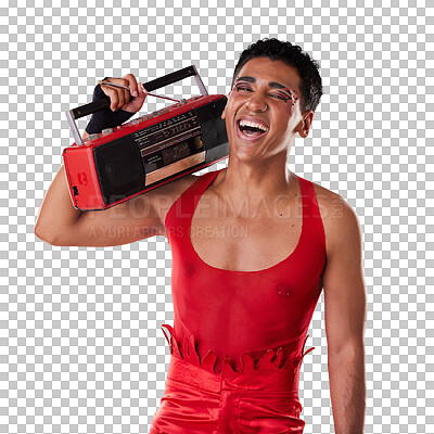Buy stock photo Happy, man and boombox radio in studio for gay, pride and vogue aesthetic with retro 80s tech isolated on png transparent background. Lgbtq, fashion and music with happiness, listen and comic laugh