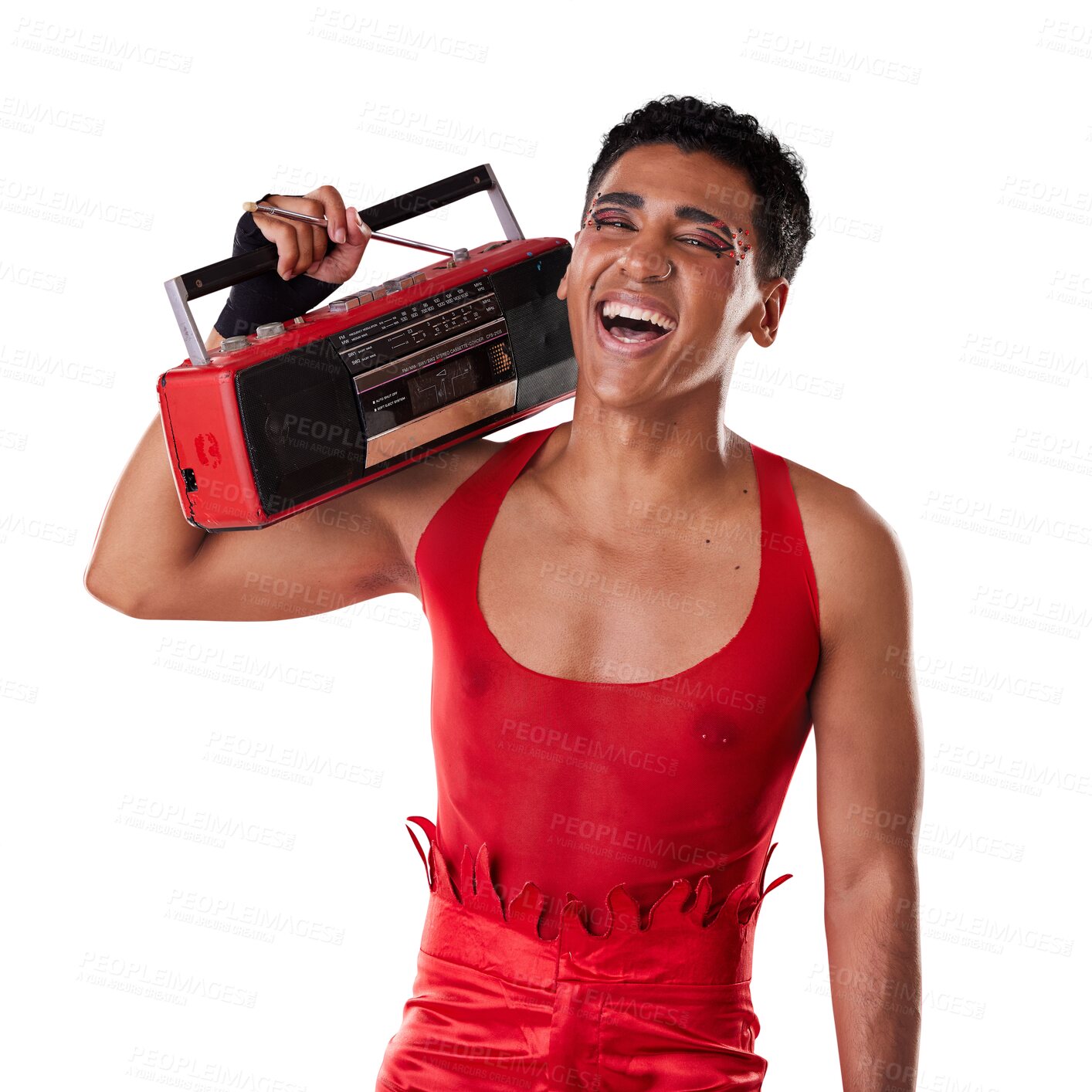 Buy stock photo Happy, man and boombox radio in studio for gay, pride and vogue aesthetic with retro 80s tech isolated on png transparent background. Lgbtq, fashion and music with happiness, listen and comic laugh
