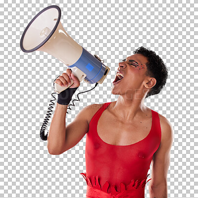 Buy stock photo Protest, speech and lgbt man with a megaphone on isolated, transparent or png background and angry shouting voice. Speaker, yelling and fight for equality, justice and communication for gay freedom