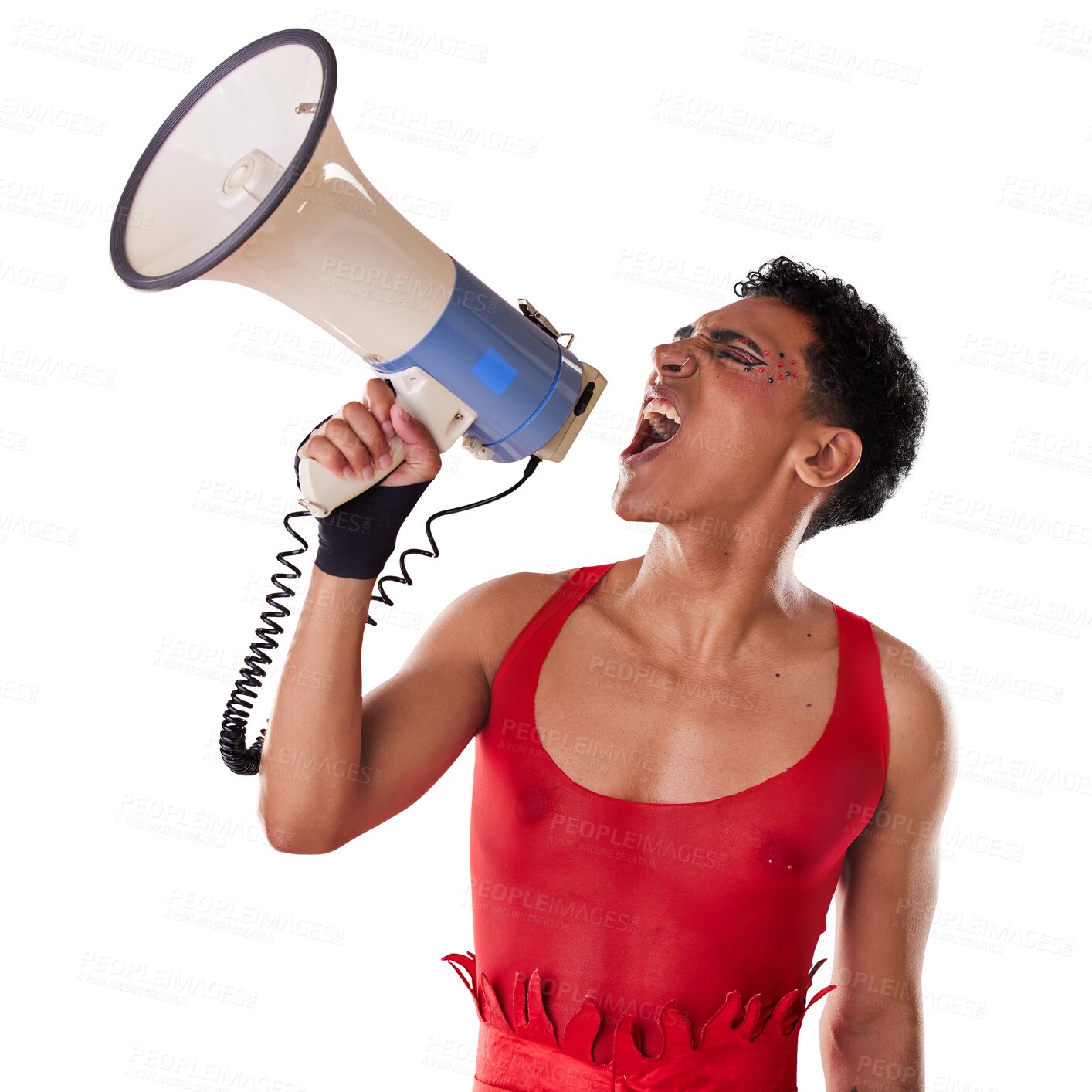 Buy stock photo Protest, speech and lgbt man with a megaphone on isolated, transparent or png background and angry shouting voice. Speaker, yelling and fight for equality, justice and communication for gay freedom