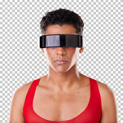 Buy stock photo Virtual reality glasses, lgbt person and isolated on transparent png background in ar portrait. Cyberpunk, future technology and androgynous model with futuristic vr sunglasses for metaverse fashion.