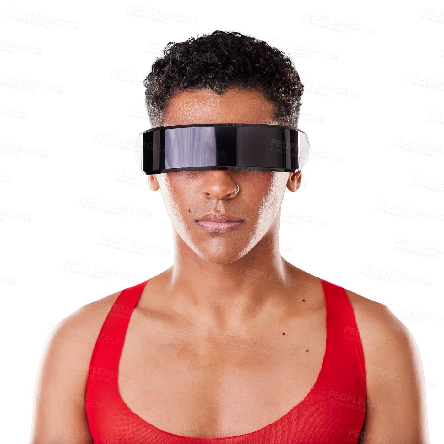 Buy stock photo Virtual reality glasses, lgbt person and isolated on transparent png background in ar portrait. Cyberpunk, future technology and androgynous model with futuristic vr sunglasses for metaverse fashion.