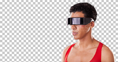 Metaverse, vr glasses and black man with mockup for ai futuristic scifi and 3d gaming technology. Person profile on red background for cyberpunk, sci fi and augmented reality for cyber world ux space