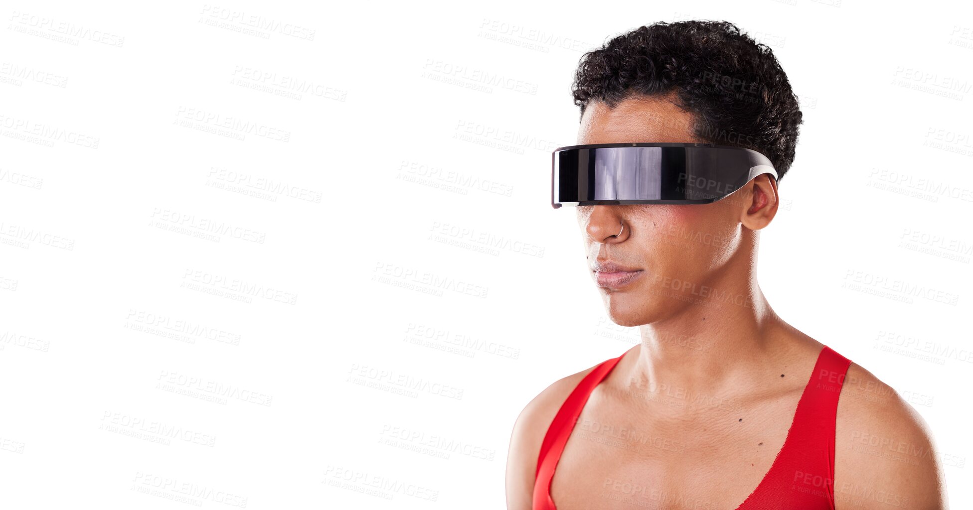 Buy stock photo Virtual reality glasses, person and isolated on transparent png background in with high tech. Cyberpunk, future technology and androgynous model with futuristic vr sunglasses for metaverse fashion.