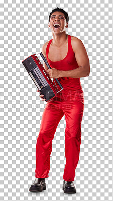 Buy stock photo Man, happy and boombox radio in studio for gay, pride and vogue aesthetic with retro 80s tech isolated on png transparent background. Fashion, lgbtq and music with happiness, listen and comic laugh