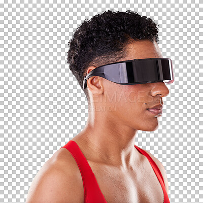 Metaverse, virtual reality and black man with glasses for ai and future scifi and 3d gaming tech. Model person profile on red background for cyberpunk and digital transformation for cyber world vr ux