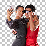 Selfie, fashion and funky people isolated on red background for queer, creative gen z and cyberpunk aesthetic. Futuristic glasses, profile picture and beauty couple of friends, model or youth makeup
