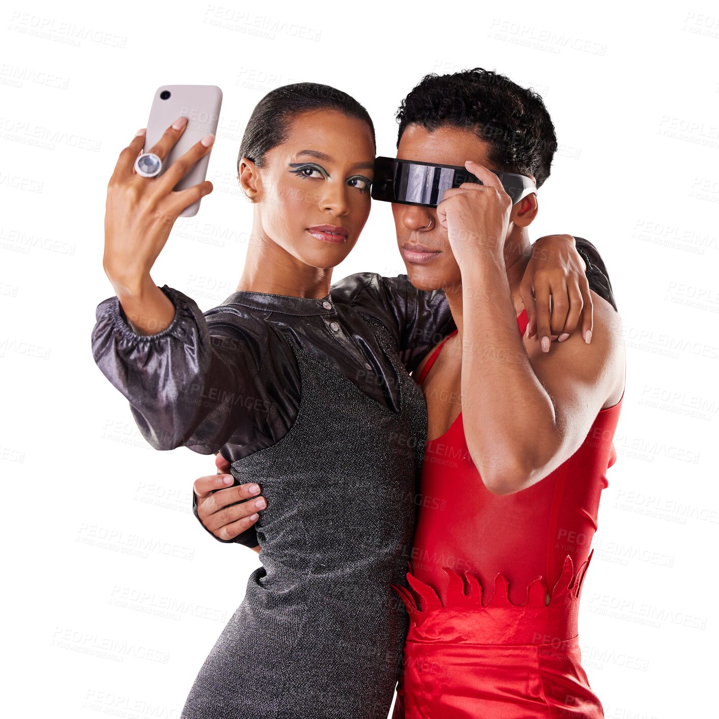 Buy stock photo Selfie, style and fashion with lgbt friends isolated on a transparent background together for social media. Mobile, cyberpunk and transgender influencer people on PNG for futuristic profile picture