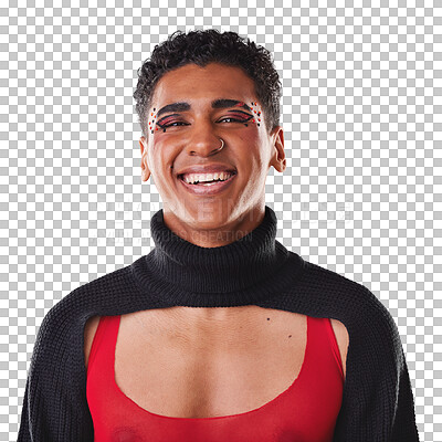 Buy stock photo Happy, beauty and portrait of gay man with makeup face and cool, funky or trendy fashion outfit. Young, cosmetic and lgbtq model from Mexico with gen z style isolated by transparent png background.