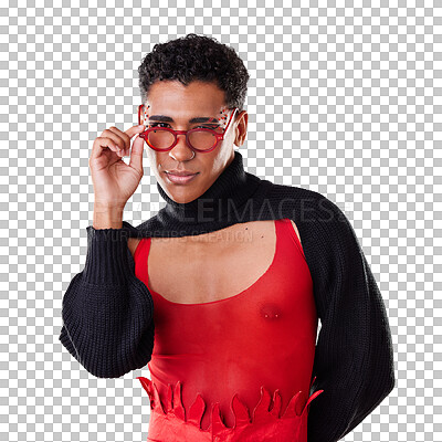 Buy stock photo Fashion, portrait and gay man with glasses isolated on a png background in a studio with fashionable eyewear and clothes. Lgbt, vision and stylish model person with funky and edgy style on a backdrop
