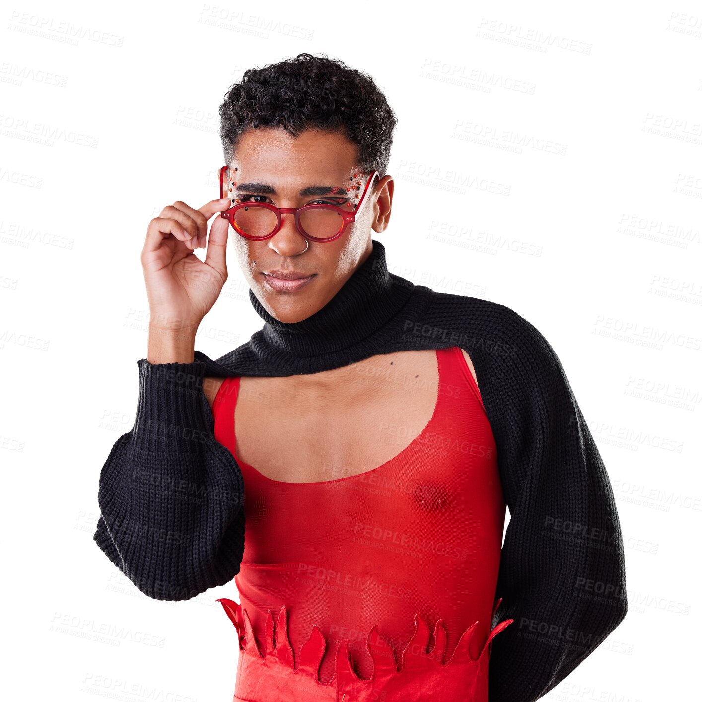 Buy stock photo Fashion, portrait and gay man with glasses isolated on a png background in a studio with fashionable eyewear and clothes. Lgbt, vision and stylish model person with funky and edgy style on a backdrop