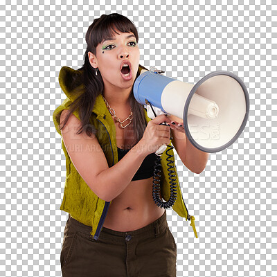 Buy stock photo Woman, protest and megaphone with speech in anger at 
news in communication isolated on transparent png background. Female, leader or justice for power in conflict or community revolution or free

