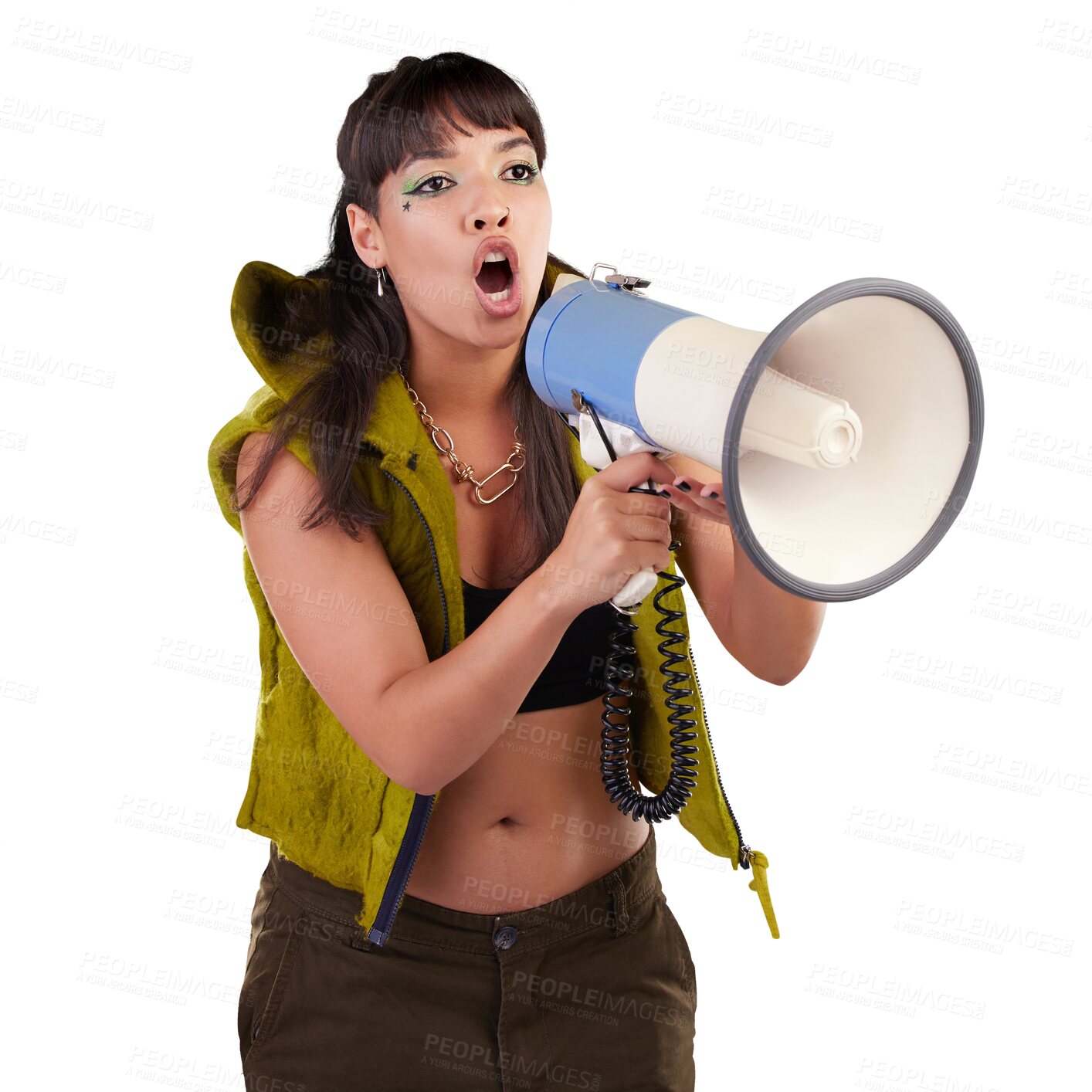 Buy stock photo Woman, protest and megaphone with speech in anger at 
news in communication isolated on transparent png background. Female, leader or justice for power in conflict or community revolution or free

