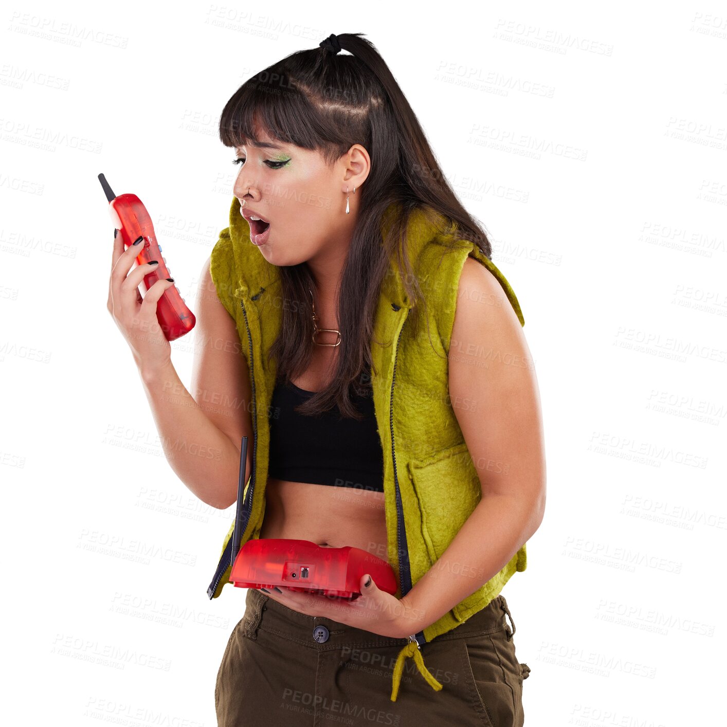 Buy stock photo Woman, upset and wow on telephone for news, fashion fail or retro communication isolated on transparent png background. Young trendy person with vintage style, phone call and shocked or surprise