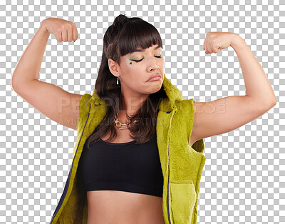Gen z, woman and flexing arms for empowerment, motivation and against grey studio background. Female, girl and show strength with freedom, winner and style with confidence, strong and trendy fashion