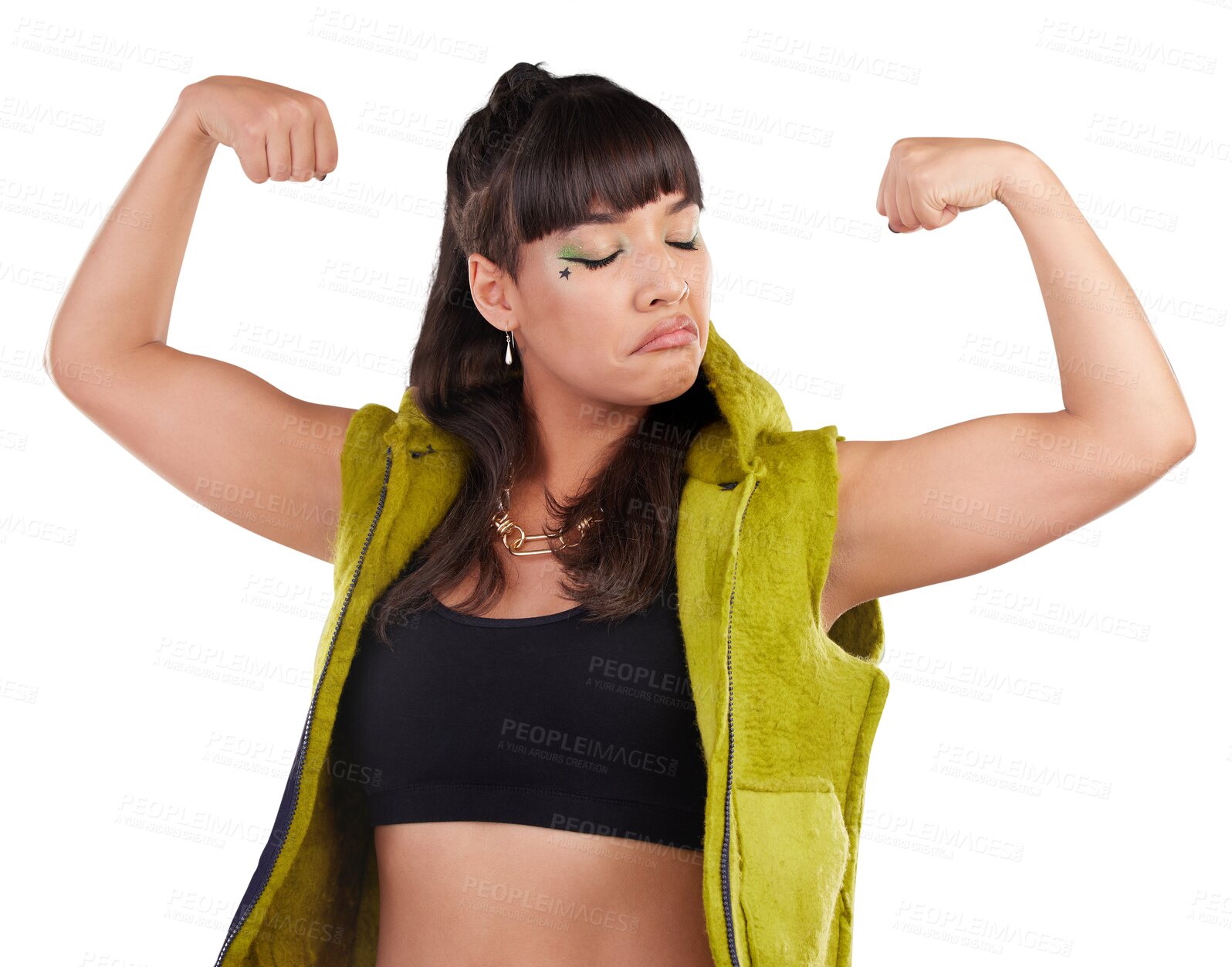 Buy stock photo Gen z, woman and flexing arms for empowerment and motivation isolated on a png background. Girl power, person and strength with freedom, winner and style with confidence, strong and trendy fashion