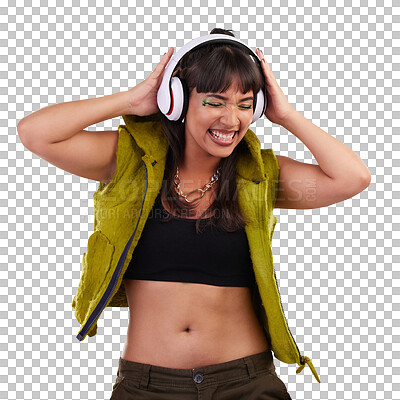 Music, dance and woman with headphones in studio, happy and excited isolated on grey background. Streaming service, song and gen z fashion, girl dancing with hands up and smile to online radio dj.