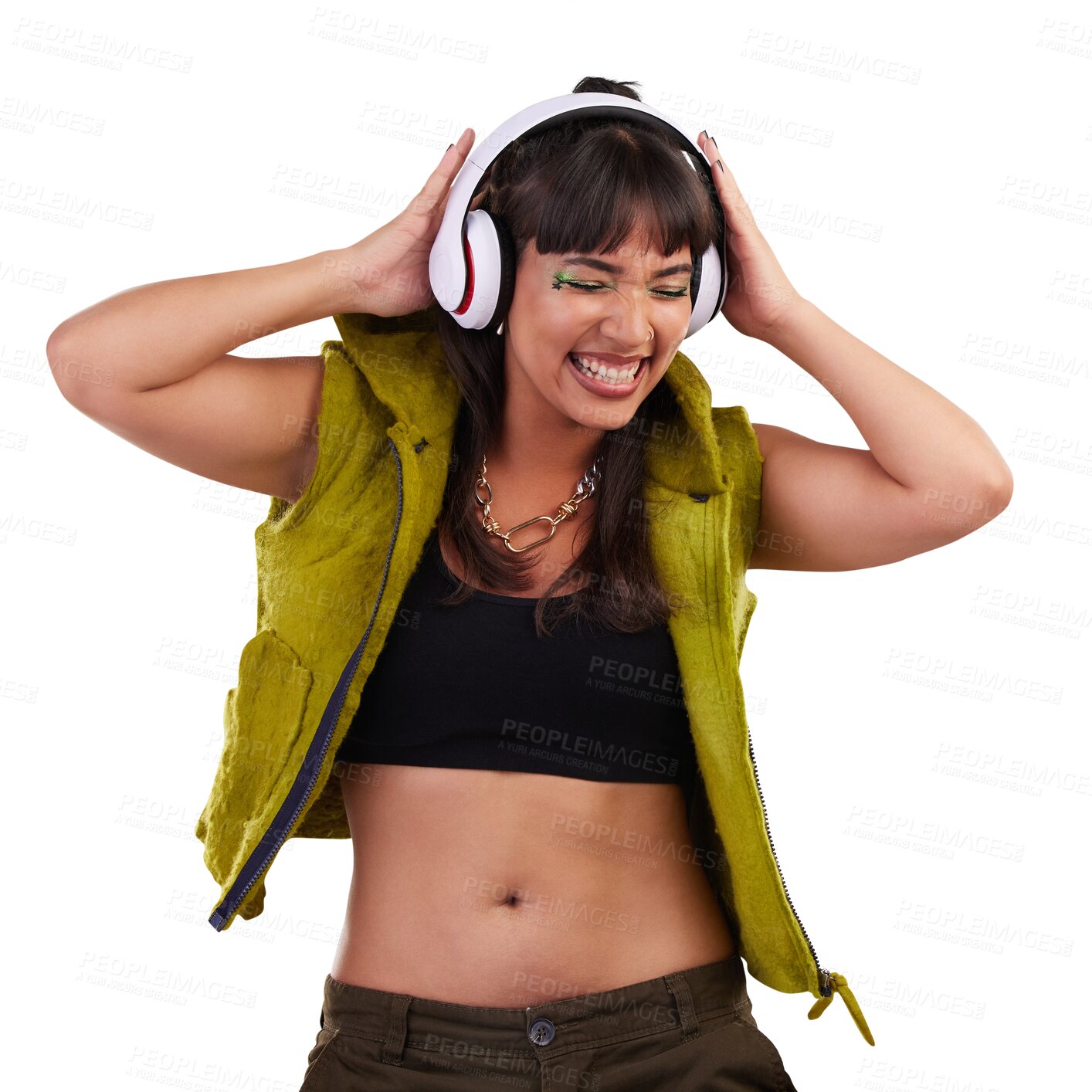 Buy stock photo Music, dance and woman with headphones, smile and gen z isolated on a transparent background. Person, girl and model with headset, energy and excited with png, streaming music, punk and happiness