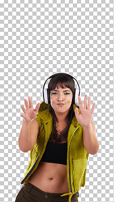 Music, dance and portrait of woman with headphones in studio, happy and excited isolated on grey background. Streaming service, song and gen z fashion, girl dancing with hands up to online radio dj.