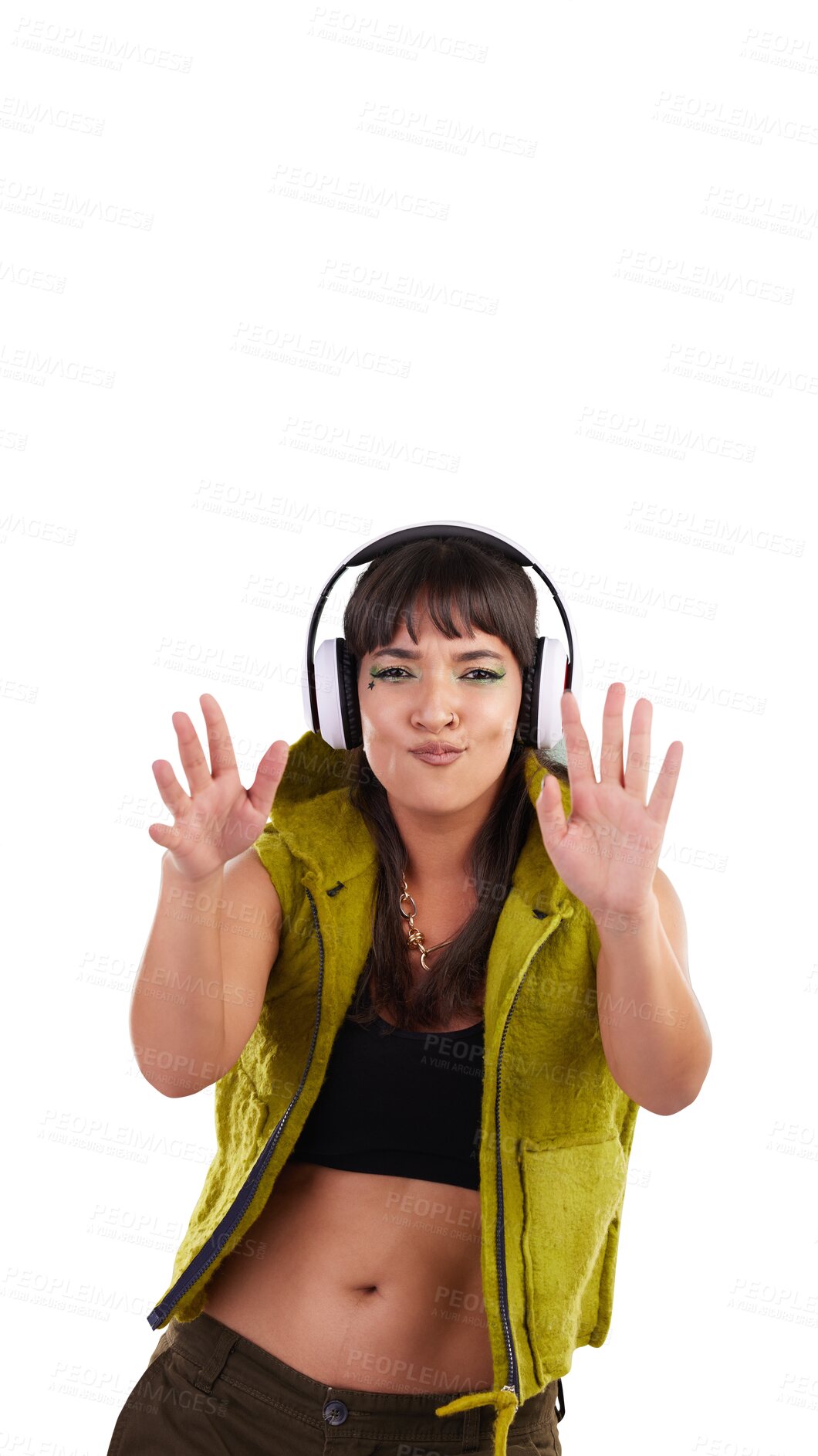 Buy stock photo Woman, portrait and headphones listening to music in dance isolated on a transparent PNG background. Female person, fashion or gen z model with hands up for online audio streaming, playlist or sound