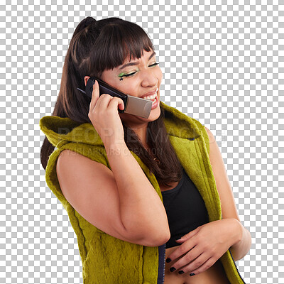 Mockup, phone call and woman in studio happy, laughing and talking against a grey background. Smartphone, conversation and girl with humor sharing funny, comedy or joke on a call on isolated space