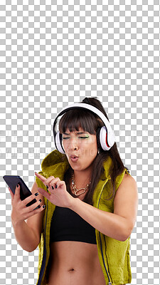 Punk, smartphone or woman with headphones, excited or dancing on grey studio background. Hipster, happy female or lady with cellphone, headset or streaming for music, audio or celebration on backdrop