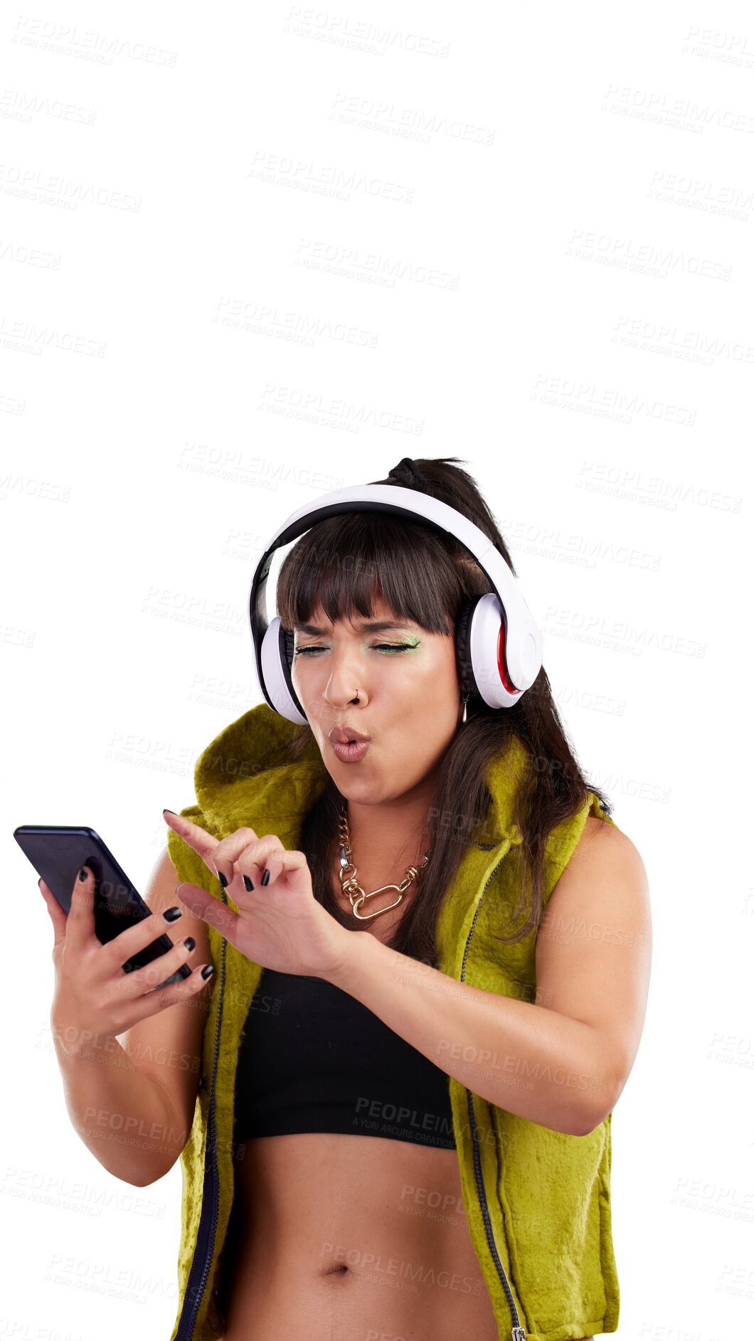 Buy stock photo Happy woman, phone and headphones listening to music isolated on a transparent PNG background. Female person with headset in audio streaming, sound track or online playlist on mobile smartphone app